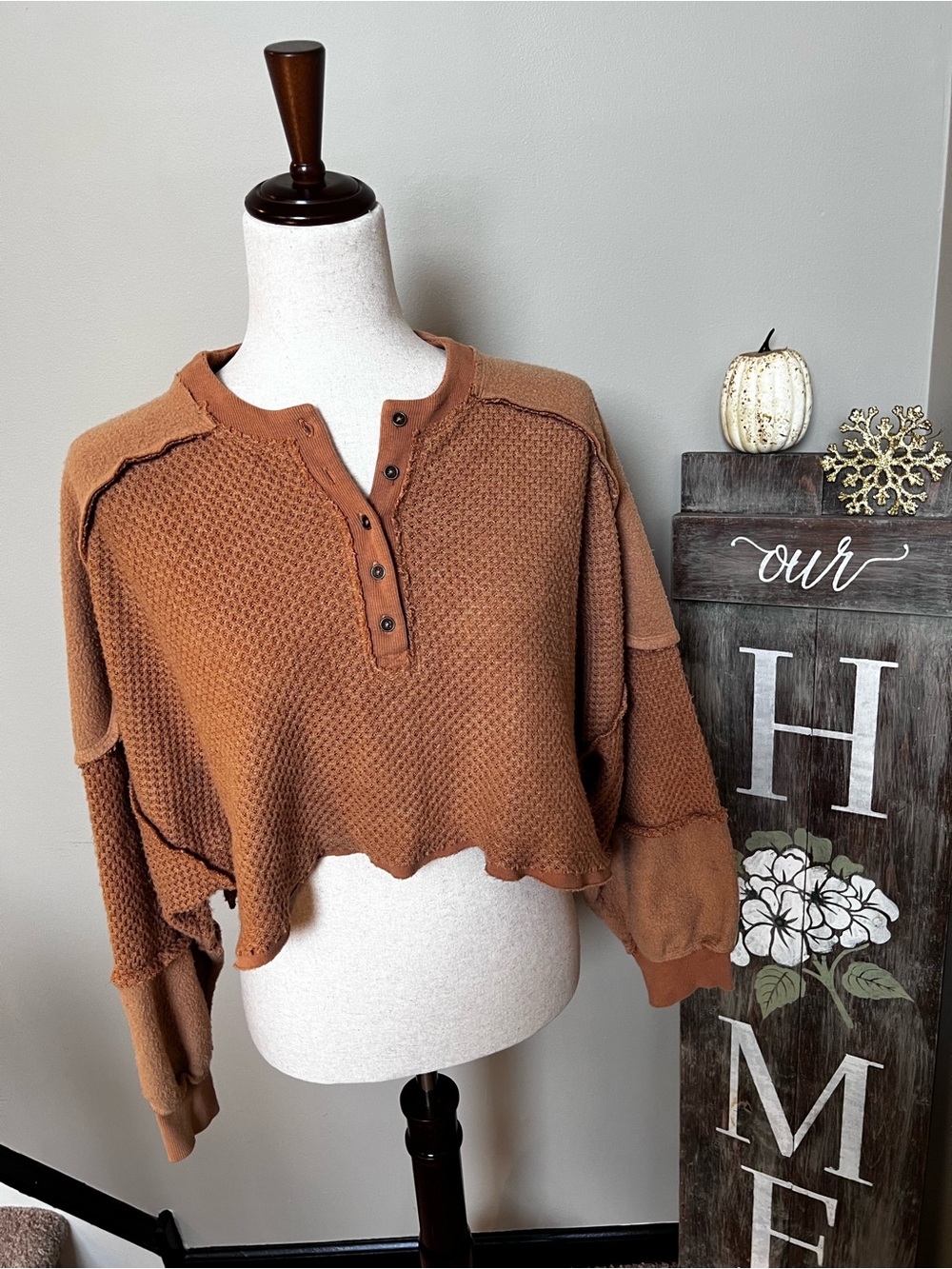 Out From Under Urban Outfitters Waffle Knit Henley Top Brown Small